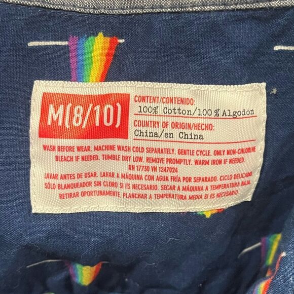 Youth Boys Button-Up Shirt Tiny Rainbow Flag Print Short Sleeve Navy Size M 8/10 - Picture 2 of 3